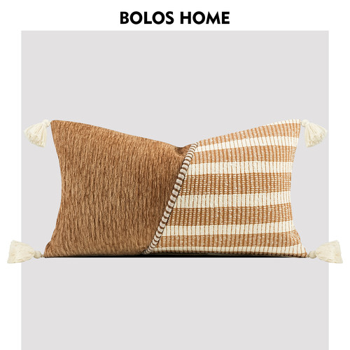 BOLOS HOME『流光』中古风咖白条纹羊毛抱枕吊穗腰枕客厅沙发靠枕