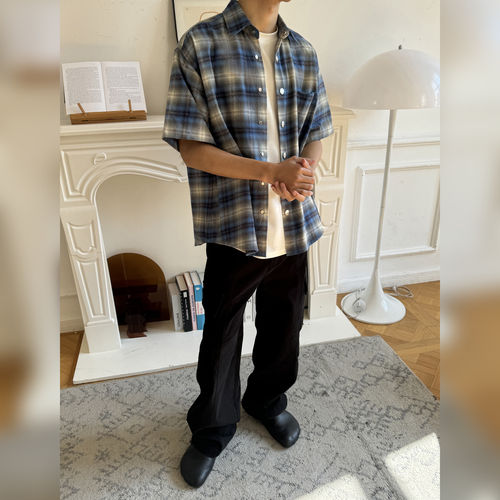 【李明峻同款】定制精纺法兰绒运动短袖格纹衬衫