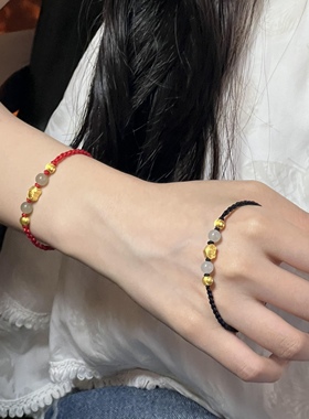 新款纯金黄金足金999福锁福牌手链红绳送女友老婆七夕情人节礼物