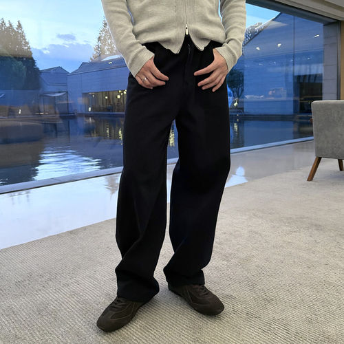 深蓝色直筒牛仔裤男秋冬新品厚款宽松休闲风纯色长裤子