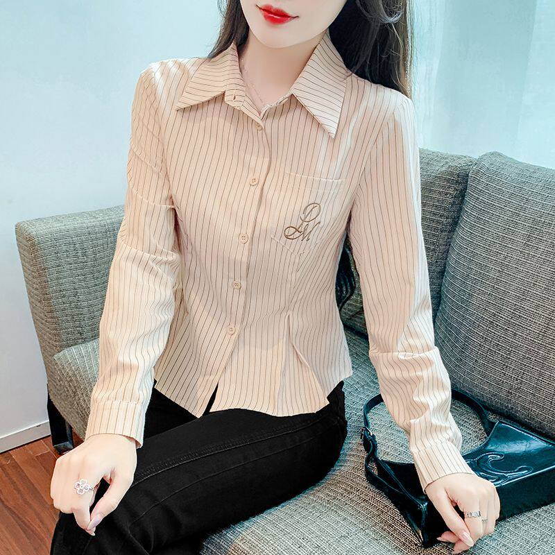 通勤条纹刺绣修身POLO领女衬衫