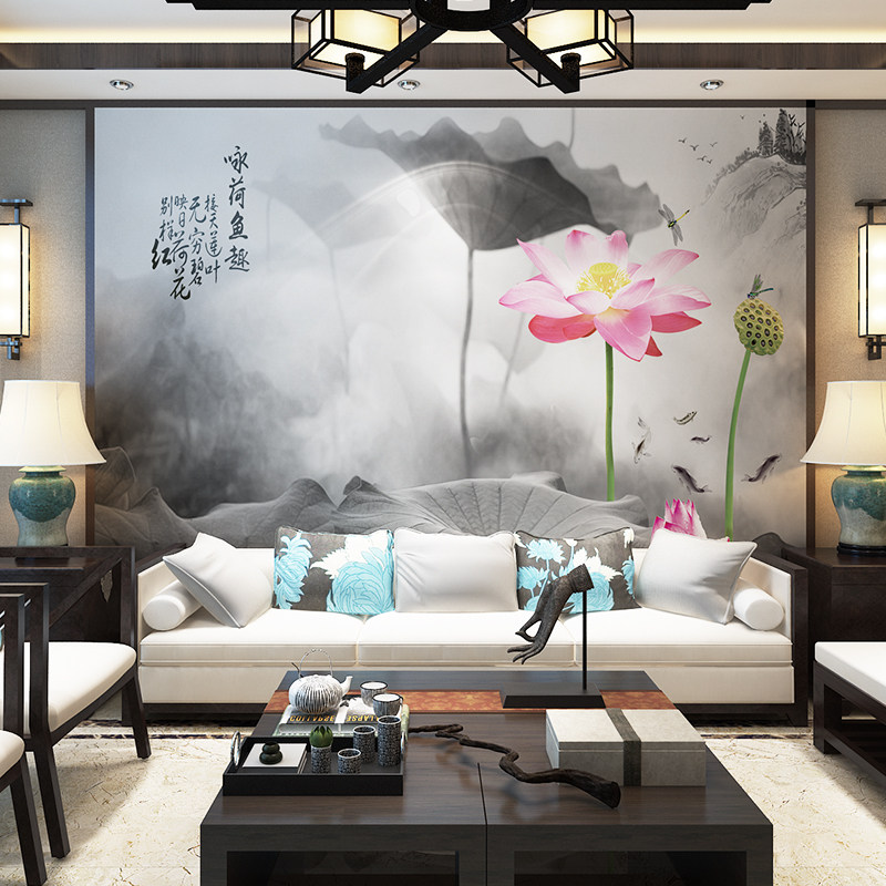 新中式手绘水墨荷花电视背景墙壁画客厅沙发会所t卧室抽象墙纸墙