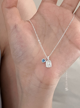 韩版925纯银不规则方形纹理项链百搭气质甜美蓝色锆石爱心锁骨链
