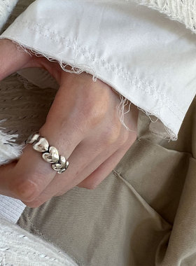 s925纯银爱心戒指女复古做旧工艺黑白拼接色开口食指指环秋冬新品