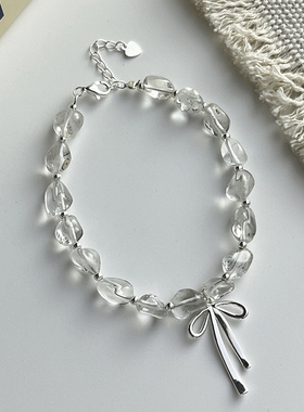 粉白水晶蝴蝶结银手链s925纯银天然玉石手串小众设计清冷感白月光