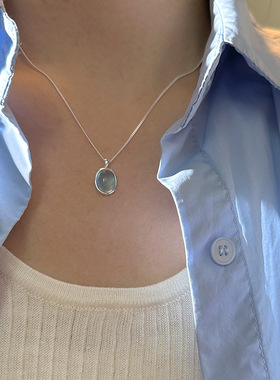 纯银海蓝宝草莓晶项链女简约独特设计时尚百搭椭圆天然玉石锁骨链