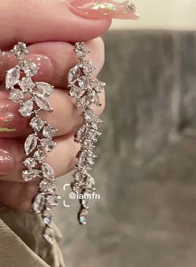 FRIDAY JEWELRY定制款银色锆石流苏长款气质百搭复古耳饰耳环