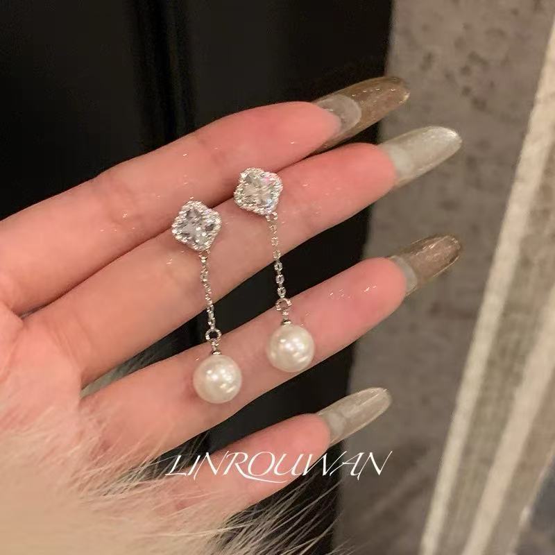 拜托小姐闪锆四叶花珍珠流苏耳环女高级感轻奢气质大气耳饰女耳钉