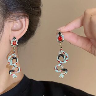 「惊鸿灵蛇」复古珐琅耳环红钻立体蛇中古vintage耳环高级感耳饰