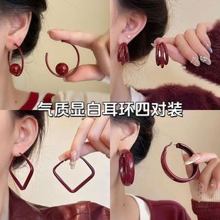 法式圈圈红色复古耳环夸张耳钉轻奢高级感气质大气2025新款耳饰女