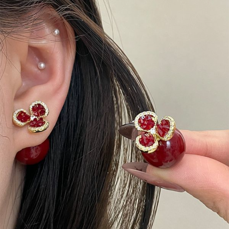 复古红色锆石花朵珍珠耳钉一款两戴耳钉轻奢高级独特时尚耳环耳饰,饰品/流行首饰/时尚饰品新,耳钉,淘宝优惠券,粉丝福利购,淘宝优惠卷