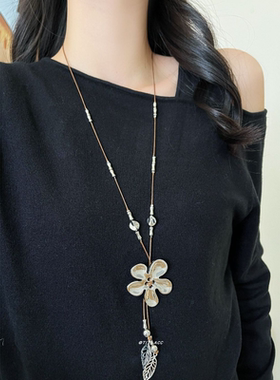 复古做旧编绳银色花朵流苏长项链精致高级感2026春季新款配饰