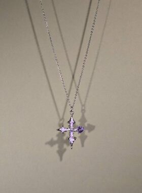 Vintage古着The Purple Cross女生项链紫色水钻十字架吊坠饰品新