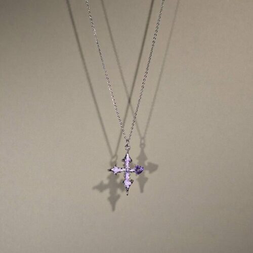 Vintage古着The Purple Cross女生项链紫色水钻十字架吊坠饰品新