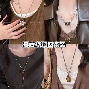 美拉德复古花朵吊坠项链女生2025新款爆款抽拉式毛衣链长款配饰