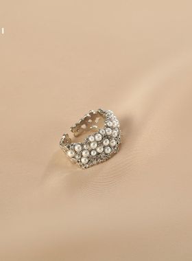 花迹珍珠戒指女小众设计高级感复古食指戒时尚个性开口可调节指环