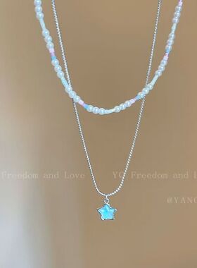 彩色星星珍珠双层叠戴项链女夏季多巴胺个性荆棘五角星锁骨链颈链