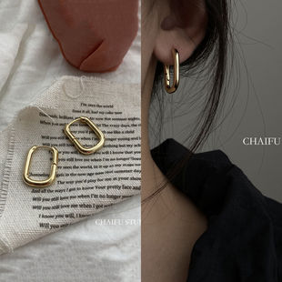 少女港风街头耳环 INS风韩风极简文艺日常百搭亮面方形镂空耳饰