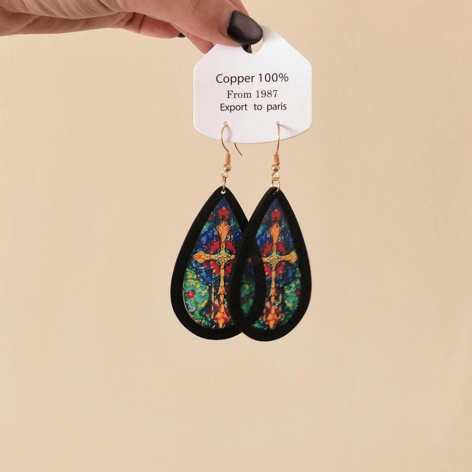 当光经过花窗 巴洛克复古木质亚克力水滴教堂印花耳环耳饰耳钉