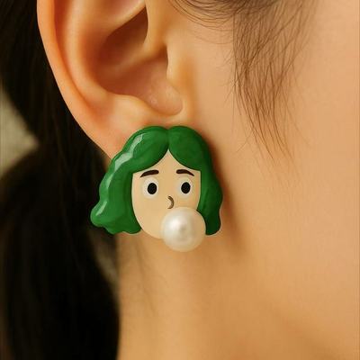 绿色爆炸头小女孩卡通耳钉个性时尚卡通亚克力耳饰女