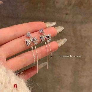 甜蜜讯号闪锆爱心蝴蝶结流苏耳环气质轻奢耳钉女耳饰长款垂坠感