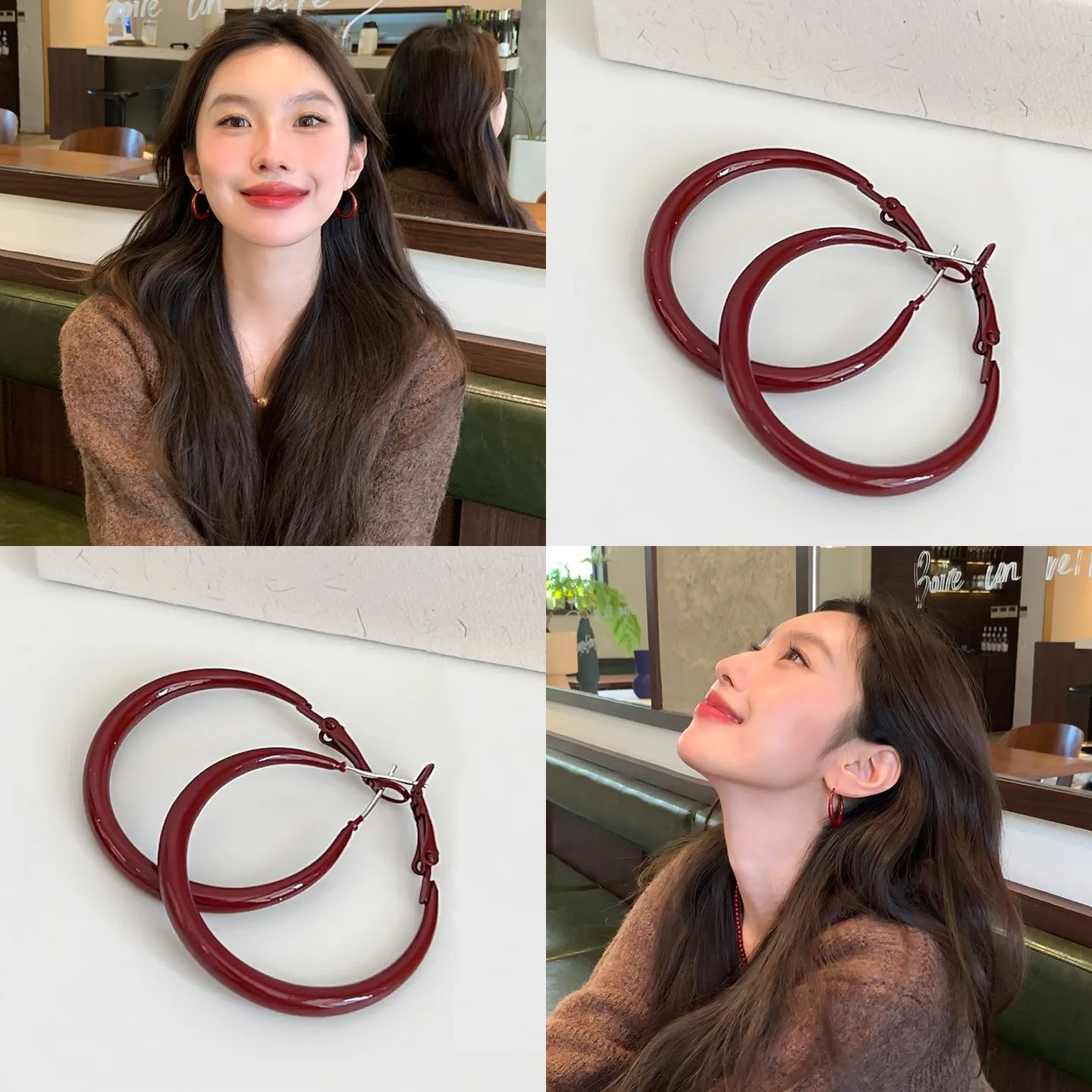安哥拉红素圈耳环~百搭气质爆款耳圈方圆脸天菜设计感无耳洞耳夹