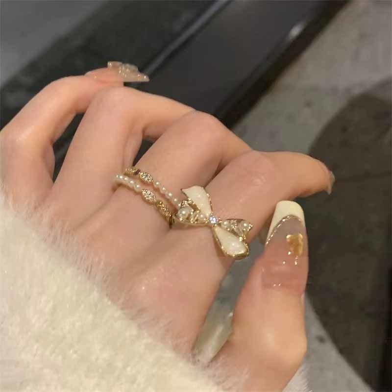 合金戒指 叠戴贼美~温柔纯欲蝴蝶结高级滴釉戒指ins轻奢珠珠指环