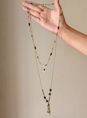 vintager美拉德复古虎眼石天然石串珠叠戴长款项链女款毛衣链挂饰