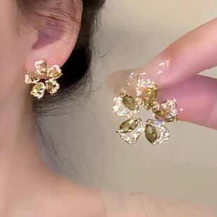 「春夜茶歇」绿色花朵锆石耳环气质高级感耳钉
