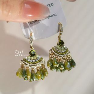 汀烟雨 波西米亚民族风耳饰高级感 绿色复古扇形流苏耳环2025新款