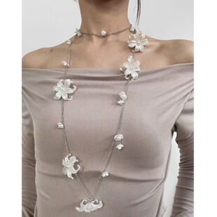 法式仙气浪漫花朵仿珍珠长款项链毛衣链多种戴法高级感腰链身体链