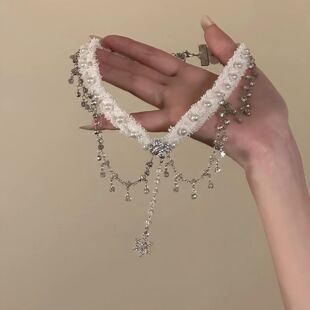 圣诞款闪钻雪花珍珠毛绒项链女冬日甜美气质choker锁骨颈链配饰
