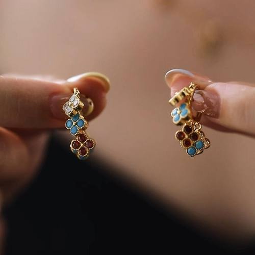 「biu boom」多巴胺彩色花朵流苏耳扣复古精致绝美独特贵气耳饰女
