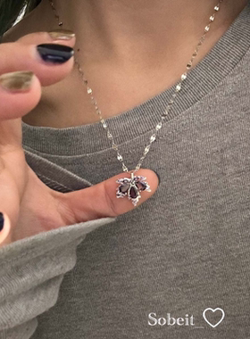 Vintage古着Purple MapleLeaf紫熠枫叶吊坠项链ins小众秋季锁骨链