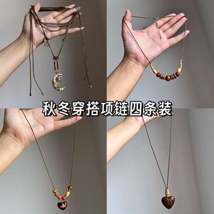 “日月同辉”中古vintage月牙芒星蜡绳项链可调节百搭秋冬毛衣链