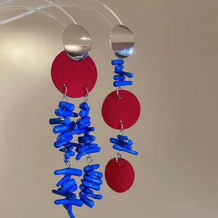 长款不对称红蓝撞色耳环夸张流苏耳钉复古气质新娘晨袍搭配耳饰女