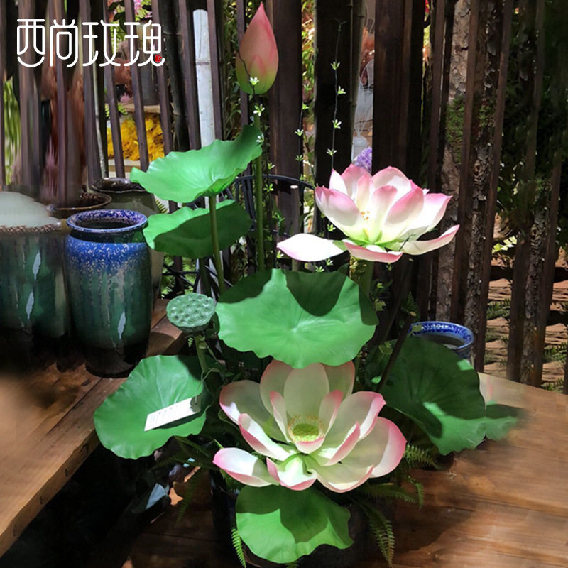 pvc仿真花 手感大荷花假荷叶花束单支客厅桌面绿植供佛莲花卉摆件