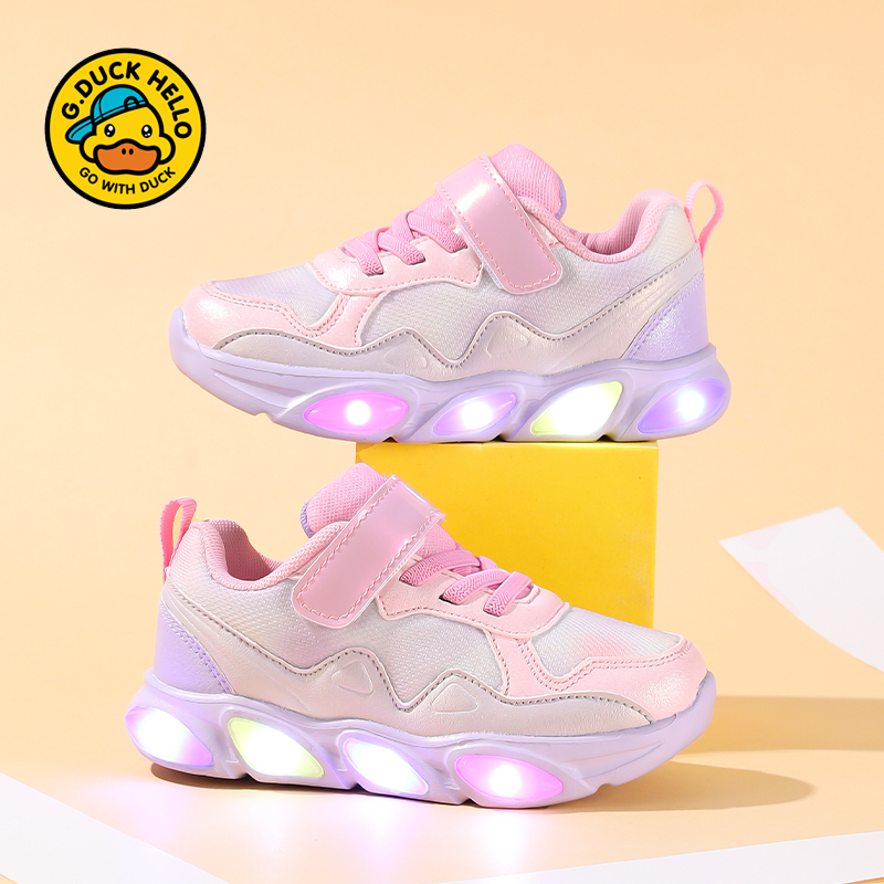 哈罗小黄鸭女童鞋春秋季皮面防水小女孩发光亮灯休闲鞋软底运动鞋