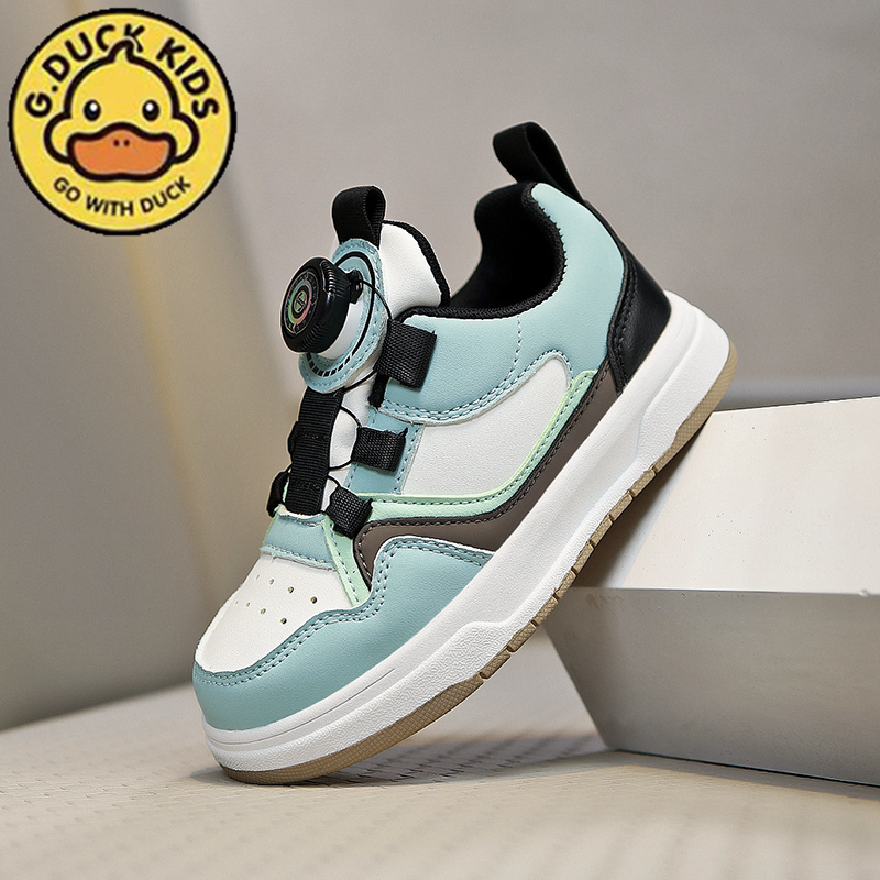 小黄鸭儿童休闲板鞋春秋2024新款男童鞋旋转纽扣皮面防水女童运动