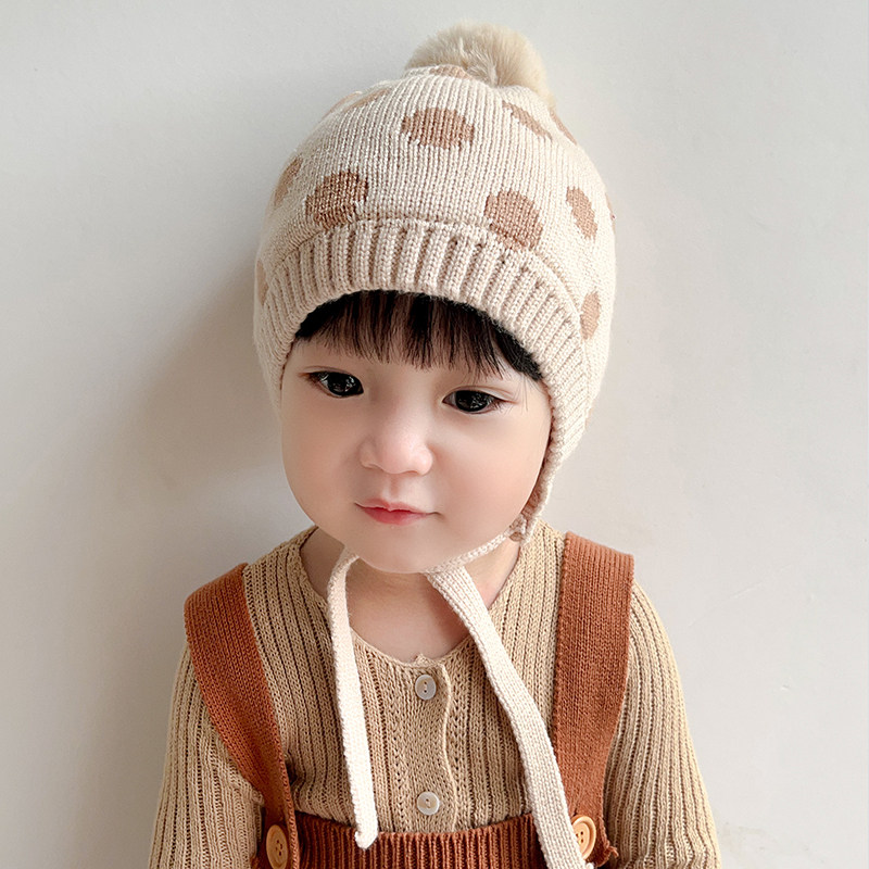 婴儿帽子秋冬护耳针织帽婴幼儿男女宝宝系带包头帽保暖加厚毛线帽