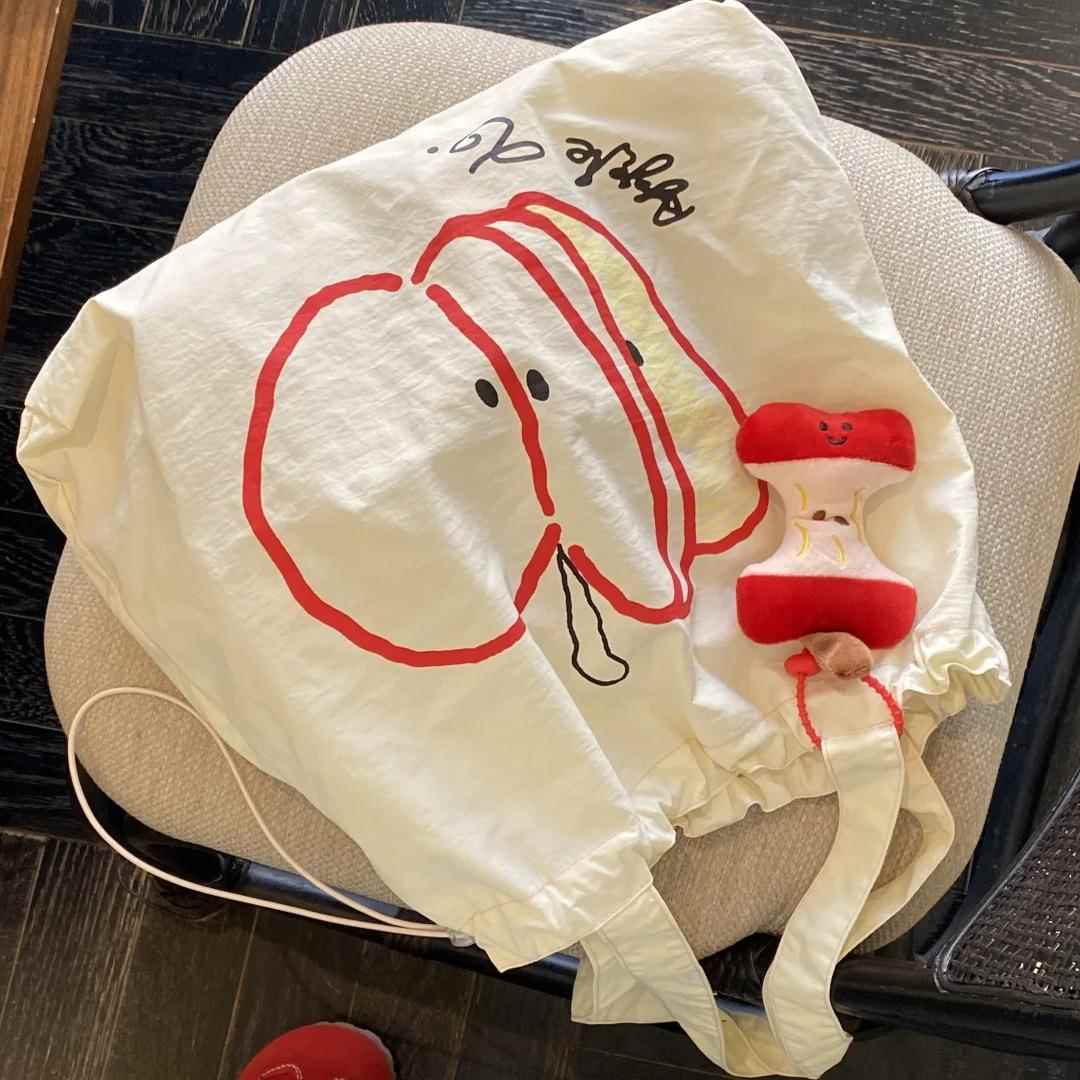 可爱苹果帆布包慵懒风印花女新款大容量单肩学生上班通勤休闲百搭