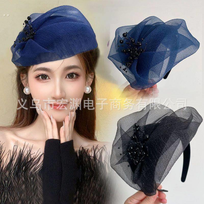 法式半帽发箍遮白发宽边晚宴头箍欧根纱洋气高颅顶高发卡头饰压发