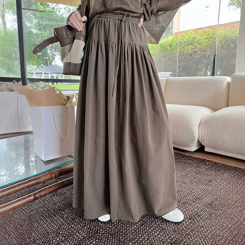 [初打]十三行秋法式飘逸缩褶系带垂感长裙小众气质半裙女BQA5177