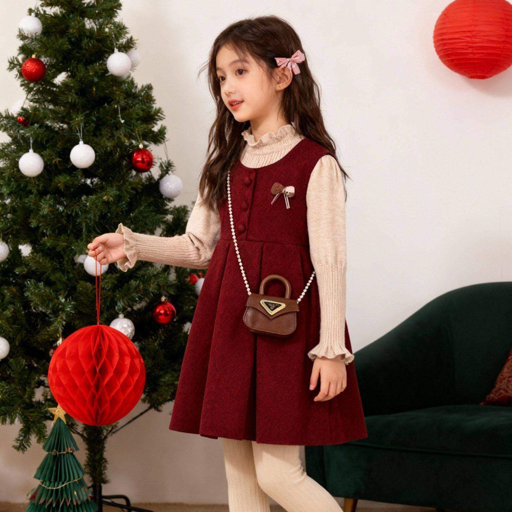 女童红色拜年服连衣裙两件套2026秋冬季新款大童女孩过年毛衣裙子