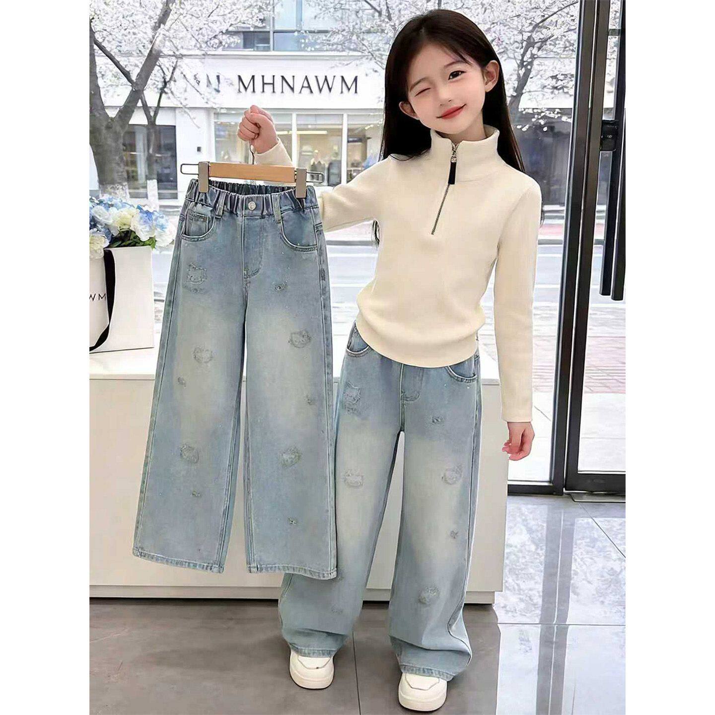 女童裤子春秋款2026新款超好看KT猫烫钻阔腿裤百搭直筒儿童牛仔裤