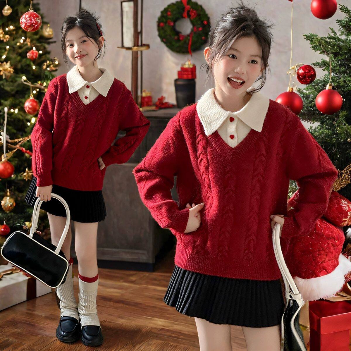 女童学院风毛衣2026秋冬季新款儿童红色新年拜年服女孩加厚针织衫