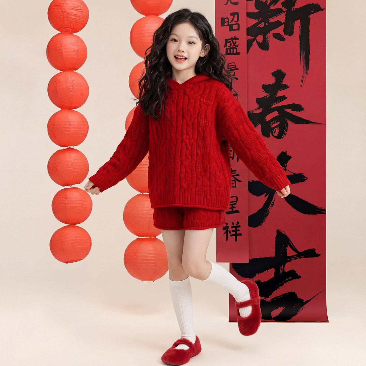 女童巨好看冬装套装本命年12岁女孩衣服红色针织两件套高级感冬季