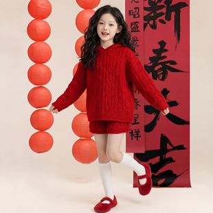 女童巨好看冬装套装本命年12岁女孩衣服红色针织两件套高级感冬季