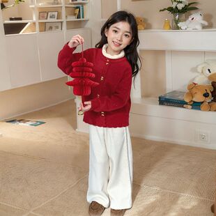 女童红色毛衣2026冬季新款儿童马年本命年12岁女孩洋气套装女大童