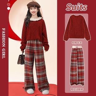 女童过年衣服2025新款女大童套装秋冬洋气喜庆新年战袍儿童阔腿裤